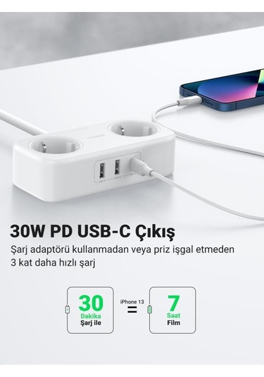 Ugreen Type-C Usb Çıkışlı 2'li 1.8 M Akım Korumalı Priz (Teşhir)