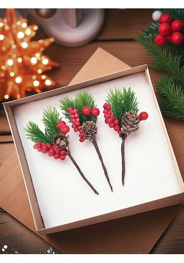 Kokina Yılbaşı Çiçeği, Yapay Çam Kozalaklı Kiraz Demeti, Yeniyıl Dekoratif Ev Süsü, 13 Cm - 12 Adet