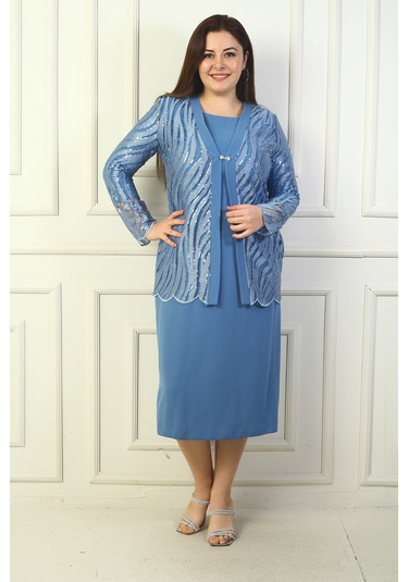 Kadın Pul Ve Sim İşlemeli Tül Ceket Uzun Kollu Astarlı Krep Elbise Büyük Beden 2'li Takım İndigo