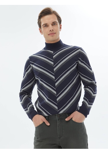 Kip Lacivert Yarım Balıkçı Yaka Desenli Pamuk Karışımlı Triko Çok Renkli