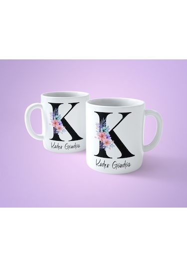 Çiçekli K Harfli İsimli Baskılı Kupa Bardak