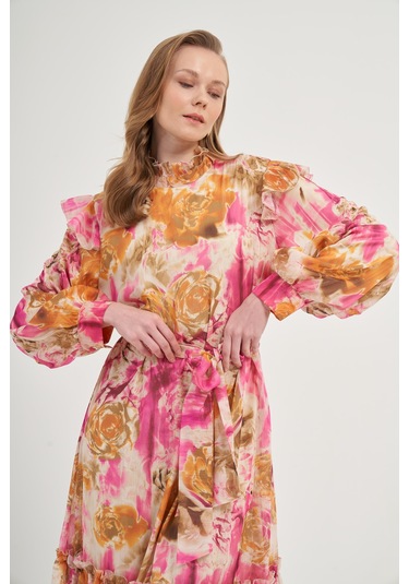 Ftz İpek Şifon Elbise Pembe 31038 Pembe