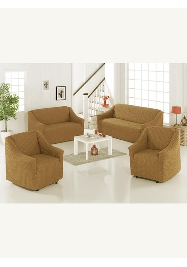 Koltuk Kanepe Örtüsü Seti Pamuklu 7 Parça Strech Sütlü Kahve