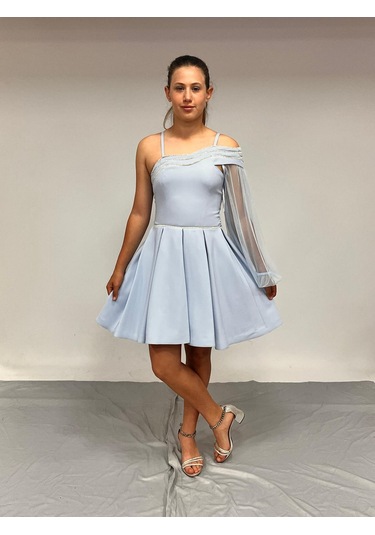 Kız Çocuk Abiye Kısa Krep Bebe Mavi Yaka Şerit Taşlı Tek Kol Çıkabilen Tül Erkut Abiye Elbise 10-15 Yaş İndigo