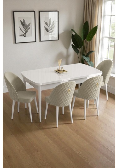 Mura Beyaz 80x132 Açılabilir Mdf Masa Yemek Odası Takımı, Mutfak Takımı 4 Adet Sandalye Krem