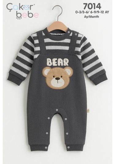 Çakar Bebe 3-12 Aylık Çizgili Erkek Tulum-7014145 - Gri Gri
