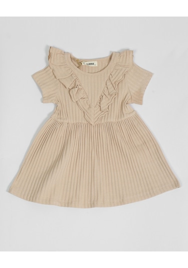 Luess Kız Çocuk Fırfır Detaylı Fitilli Elbise-Bej