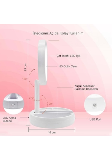 10x Büyütme Çift Taraflı Makyaj Ayna Katlanabilir 21 Led Işıklı Makyaj Aynası Usb Kablo Beyaz
