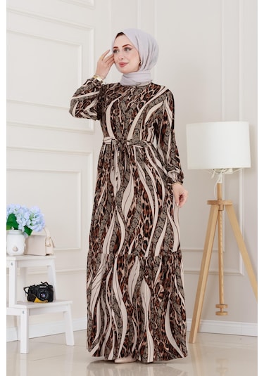 Sevitli Leopar Desenli Beli Tünelli Viscon Elbise-bej-5088 Bej