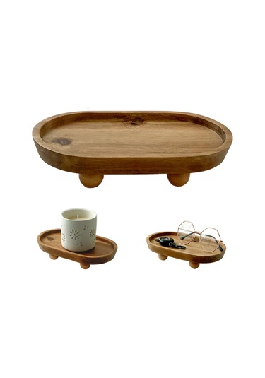 Shineyee Ahşap Mutfak Dekoratif Tepsi Tutucu, Oval Şekil, Yuvarlak Ayaklı, Dekor İçin Yükseltici Stand 11.8x19.8x4.3 Cm