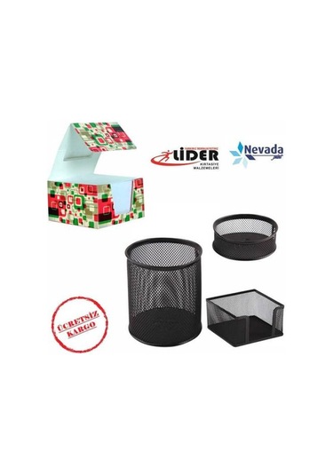 3 Lü Kalemlik Seti Metal Siyah Perfore +küp Not Kağıdı N11.20069
