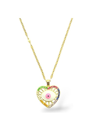 Renkli Taşlı Kalpli Göz Çelik Kolye Altın - Gümüş