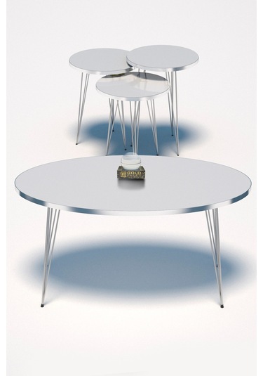 Zigon Sehpa Ve Orta Sehpa Elips Set Gümüş Beyaz Tel