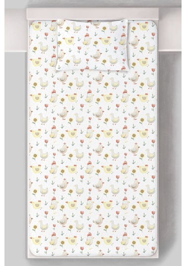Organik Tek Kişilik Lastikli Çarşaf Seti - Ördek Ve Tavuk Düşleri Renkli