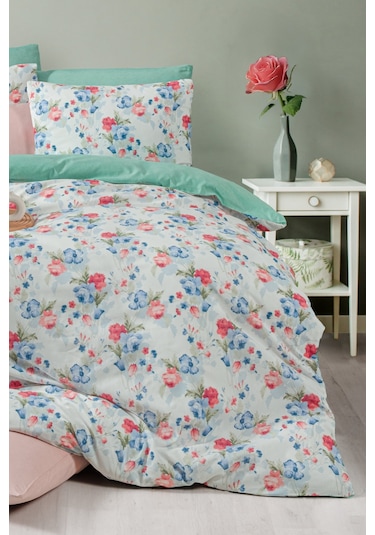 Lastikli Çarşaflı Tek Kişilik Nevresim Takımı Roseto-yeşil Mavi - Yeşil