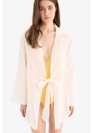 DeFacto Müslin Önden Bağlamalı Plaj Gömleği-Fall in Love B7333AX25SMWT16 Beyaz