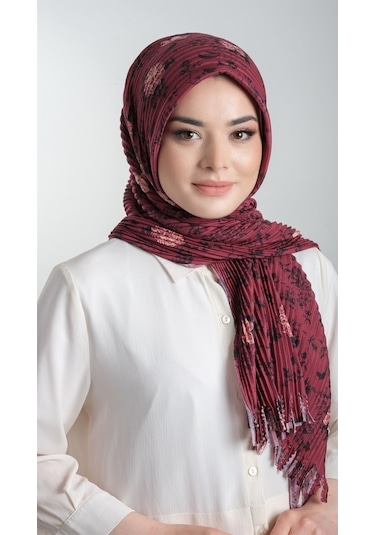 Bordo Pratik Hazır Geçmeli Tesettür Eşarp Kesik Elyaf Piliseli Çi (553630009) Bordo