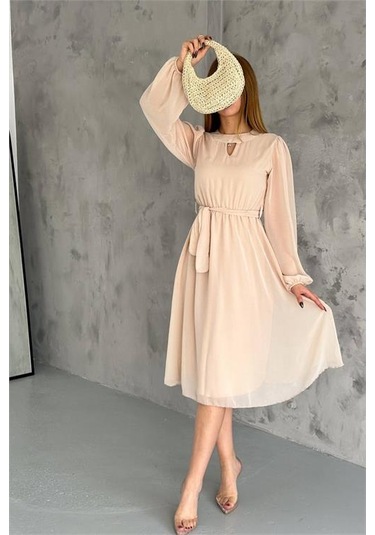 Neşeli Butik Kadın Bej Midi Boy Astarlı Şifon Elbise Nbkklf2027 Bej