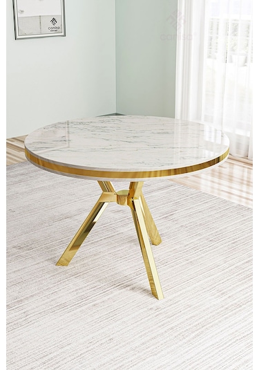 Natre Serisi 90x90 Lak Panel Mutfak Masası Beyaz Mermer Masa Gold Ayaklı