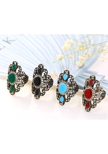 Fastbuy Vintage Ethnic Carved Inlaid Acrylic Resin Hollow Ring, Size 9, Red Çok Renkli Elegance Women's Fashion Jewelry Çok Renkli