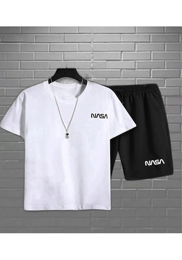 Hırsch Unisex Beyaz Üst Siyah Alt Nasa Baskılı Şort T-shirt Takım Beyaz