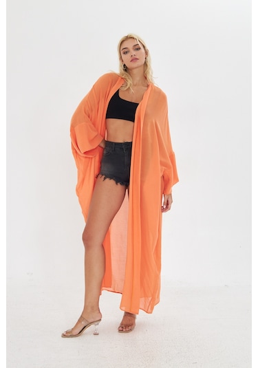 Kutaf Turuncu Uzun Yumusak Ipek Karısımlı Kimono / Beachwear Turuncu