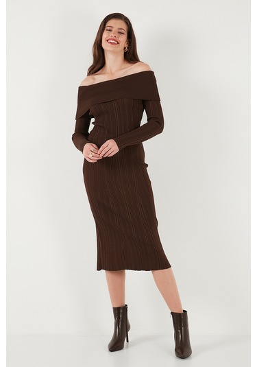 Lela Premium Fitilli Carmen Yaka Slim Fit Midi Boy Triko Bayan Elbise 680El00033 Kahve