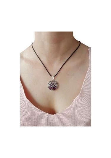 Ametist Doğal Taşlı Hayat Ağacı Çelik Kolye - Kadın Mor