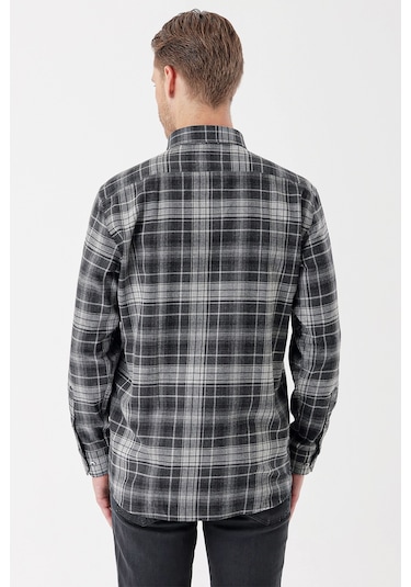 Siyah Uzun Kollu Ekoseli Gabardin Sert Yaka Cepli Garnili Casual Comfort Fit Gömlek 1004235112-siyah Siyah