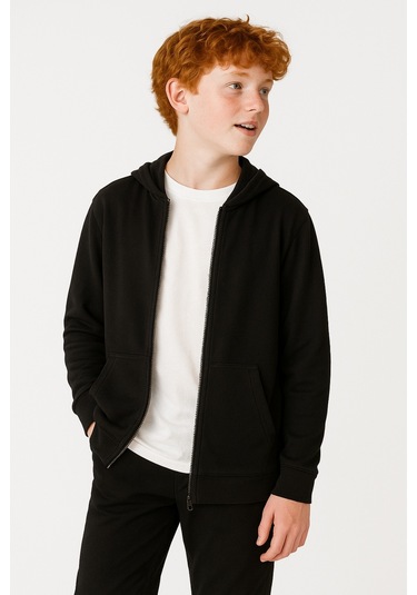 Giyicem G2025-3 Basic Fermuarlı Kapüşonlu Unisex Okul Sweatshirt - Siyah