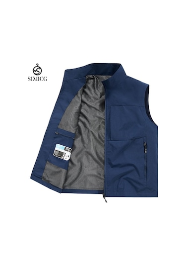 İlkbahar/yaz Erkek Günlük Çok Cepli Yelek, Bol Kesimli Su Geçirmez Hızlı Kuruyan Ceket, Dik Yaka Yelek Lacivert