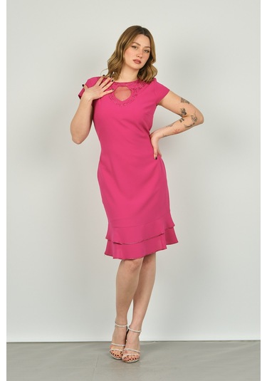 Vals Kadın Bisiklet Yaka Pencere Detaylı Etek Ucu Fırfırlı Araboy Abiye Elbise 23-117 Fuşya