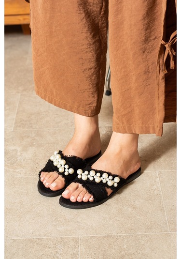 Dabab Shoes Mırella Kadın İncili Hasır Dokulu Düz Şık Siyah Terlik