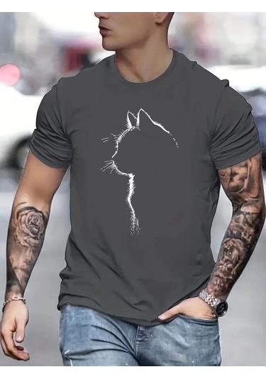 Guılan Erkek %100 Pamuk Yazlık Spor Tişört - Kedi Desenli Rahat Yuvarlak Boyun Kısa Kollukoyu Gri Koyu Gri