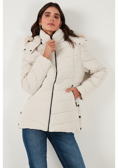 Lela Kapitoneli Slim Fit Çıkarılabilir Kapüşonlu Bayan Mont 497Mara Taş