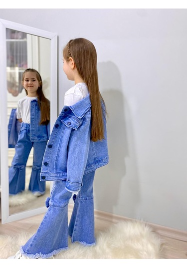 Modavals Fiyonk Detaylı İspanyol Paça Kot Pantolon & Kot Ceket & Badi Kız Çocuk Kombin Çok Renkli