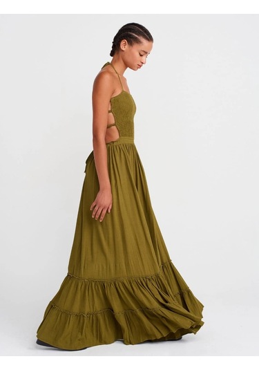 Olla Collection Uzun Keten Elbise-haki Haki Yeşil