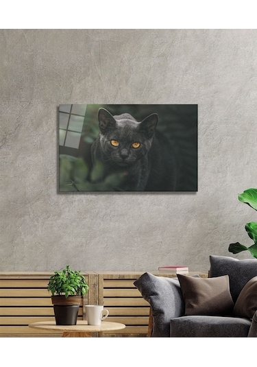 Siyah Kedi Cam Tablo Evlika