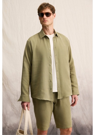 Raımo Erkek %100 Pamuklu Müslin Kumaş Manşetli Uzun Kol Comfort Fit Haki Gömlek