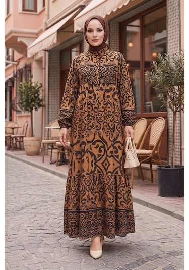 Bestenur Laysa Desenli Viskon Elbise 1721 - Kahve