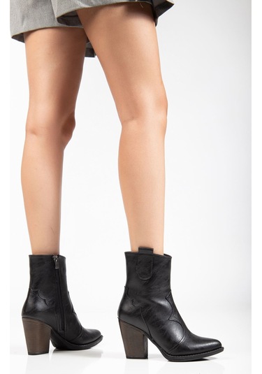 117 Siyah Kovboy Dikiş Detaylı Fermuarlı Yüksek Topuklu Günl... Siyah