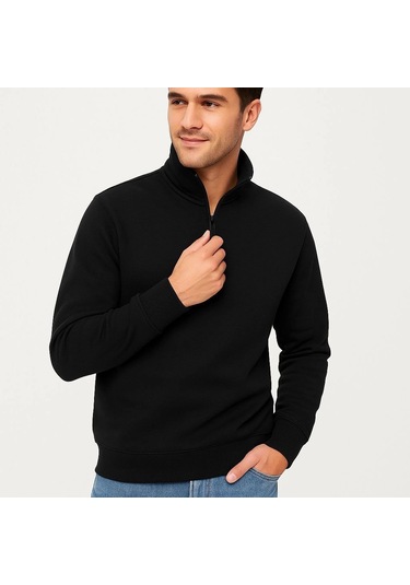 Erkek Dik Yaka Sweatshirt Dik Yaka Yarım Fermuarlı 3 İplik Şardonlu Pamuk Kumaş - Siyah Çok Renkli