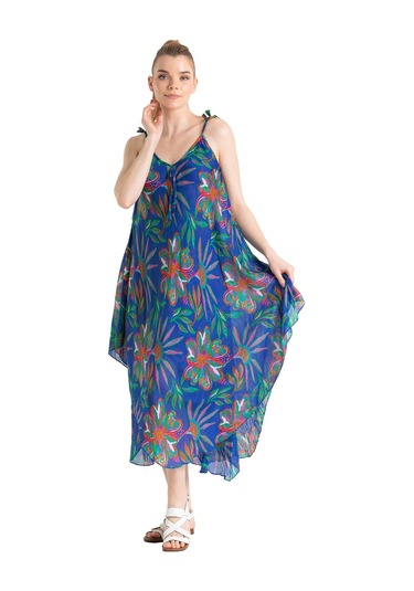 Askılı Vual Afrodit Midi Boy Elbise Saks 6192 - Kadın