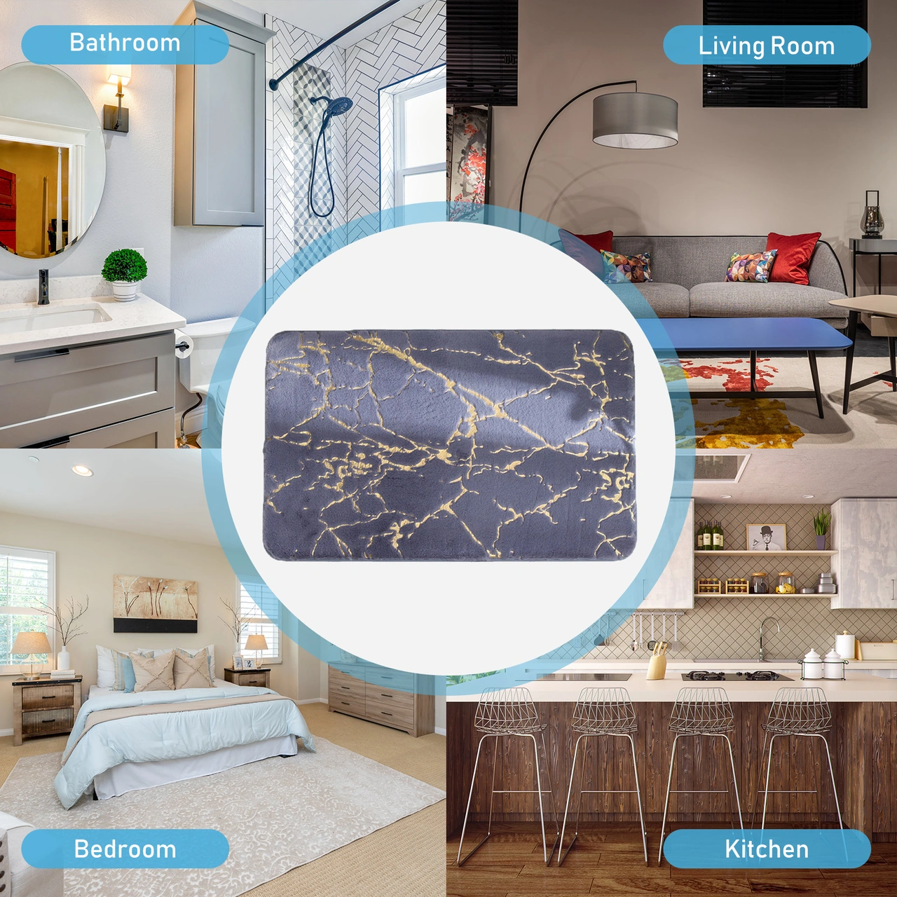 Youmex Siyah Mermer Desenli Yumuşak Tavşan Kürkü Klonu Banyo/pencere Ped 40x60cm - Su Emici, Kayma Engeli, Makine Yıkama Uygun Siyah