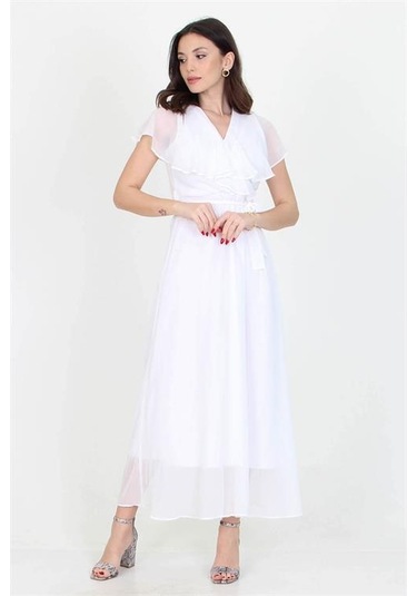 Neşeli Butik Kadın Yeni Sezon Kruvaze Yaka Bağlama Detaylı Uzun Şifon Elbise Nb0001 Beyaz