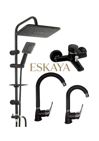 Eshome Siyah Krom 4lü Full Set Robot Duş Banyo Bataryası Banyo Lavabo Ve Mutfak Eviye Musluğu