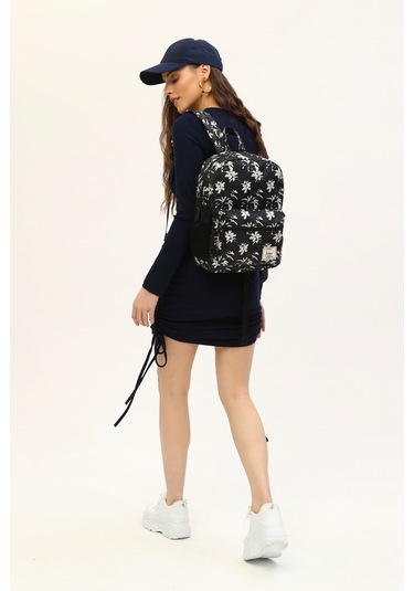 Icone Siyah Çiçek Baskılı Sırt Çantası Siyah