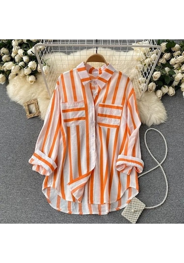 Novahub Yaz Yeni Orta Uzunlukta Dikey Çizgili Çok Renkli Gömlek Ceket Kadın Kore Tarzı Rahat Gevşek Üstler Turuncu - L Turuncu