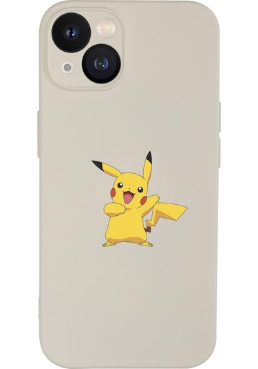 Iphone 13 Uyumlu Pikaçu Desenli Kamera Lens Korumalı Darbe Emici Silikonlu Lansman Kılıf Krem