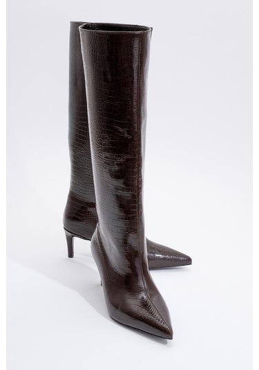 Camila Kahve Baskı Kadın Topuklu Çizme Kahve Kroko